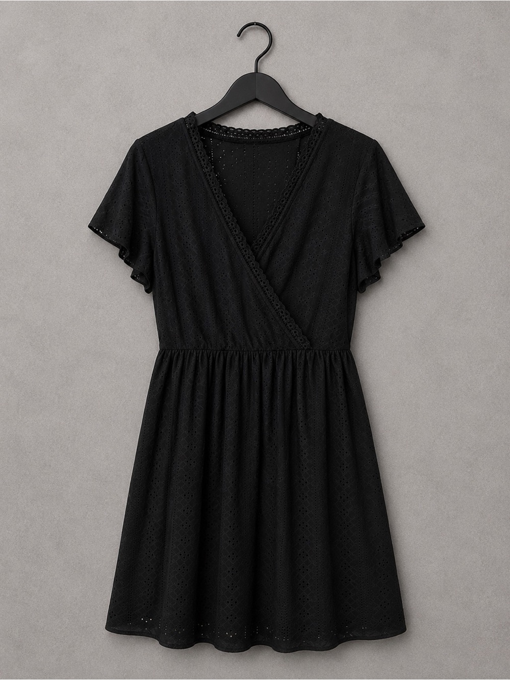 SHEIN Black Eyelet Wrap V‑Neck Mini Dress